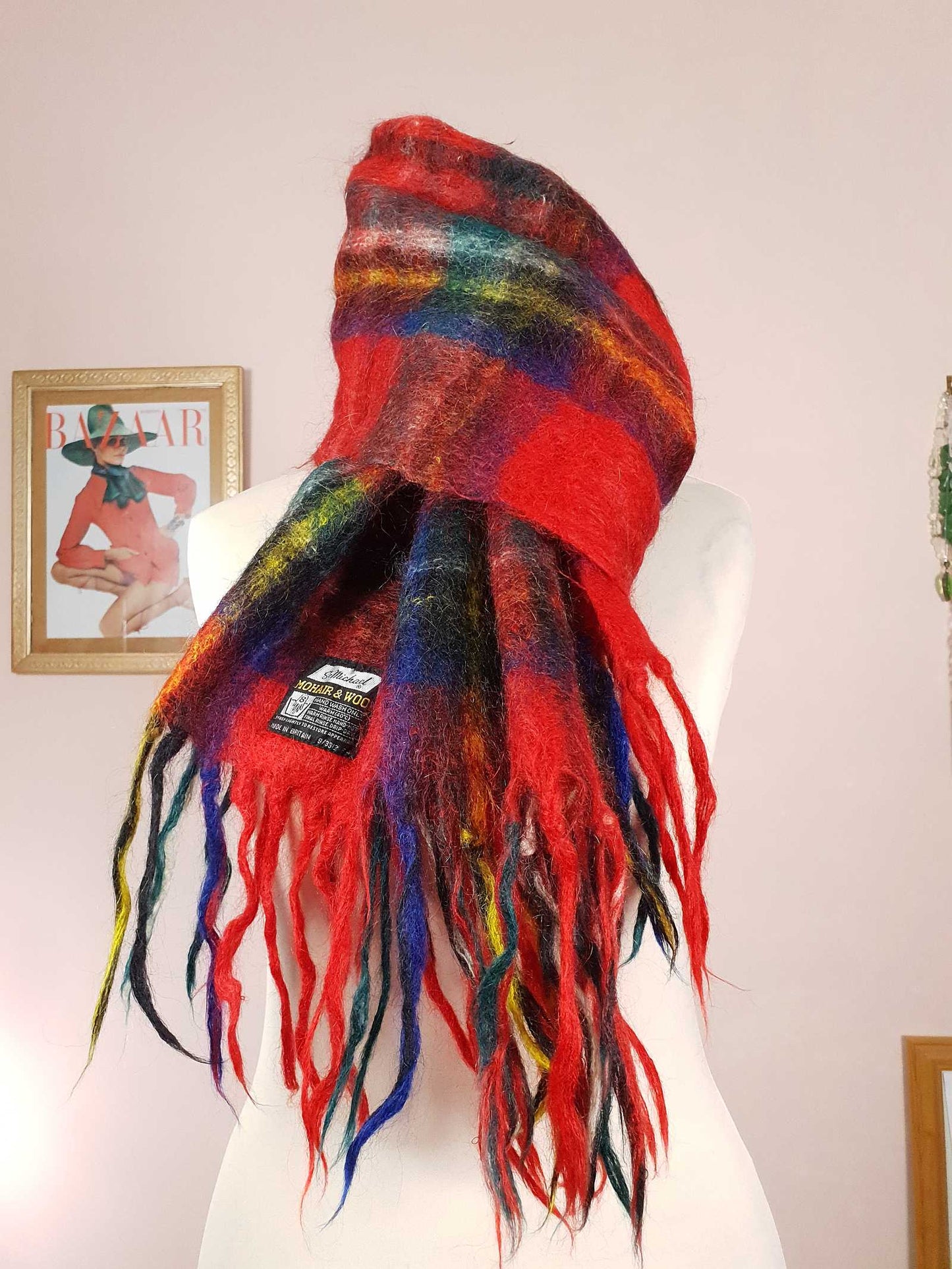 Vintage 1970s Tartan Red Scarf Mohair and Wool St. Michael Plaid Check