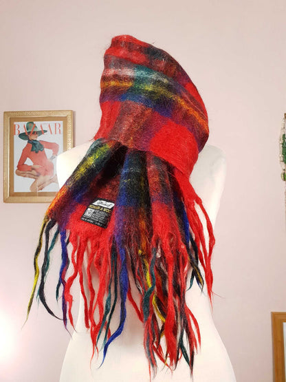 Vintage 1970s Tartan Red Scarf Mohair and Wool St. Michael Plaid Check