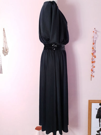 Elegant Vintage 1970s Black Sequin Party Maxi Dress - Size 12/14