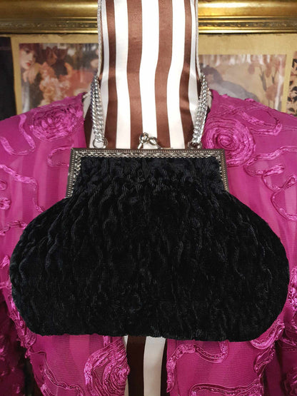 Vintage 1970s Black Velvet Evening Bag Shoulder Handbag Italian