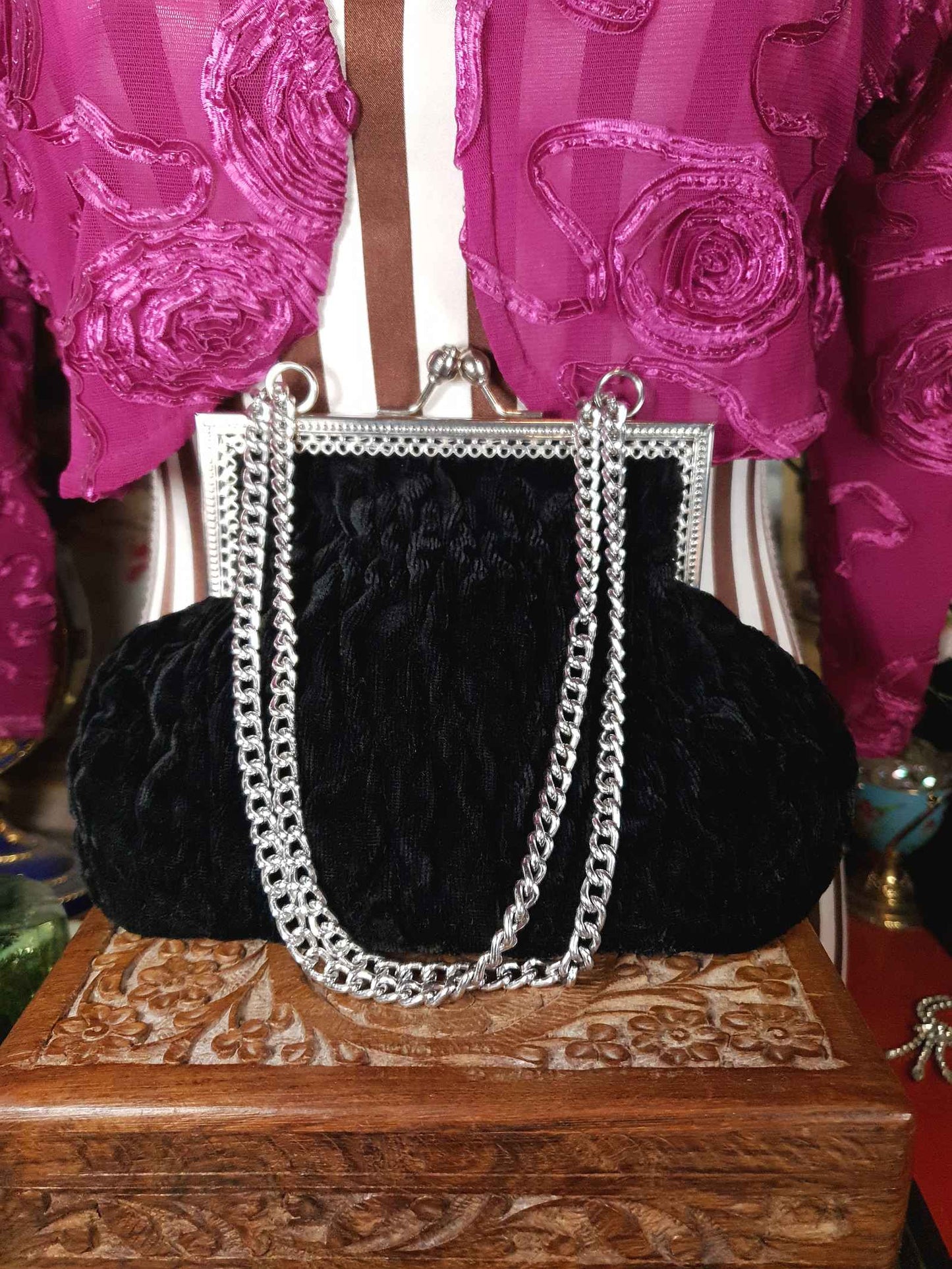 Vintage 1970s Black Velvet Evening Bag Shoulder Handbag Italian