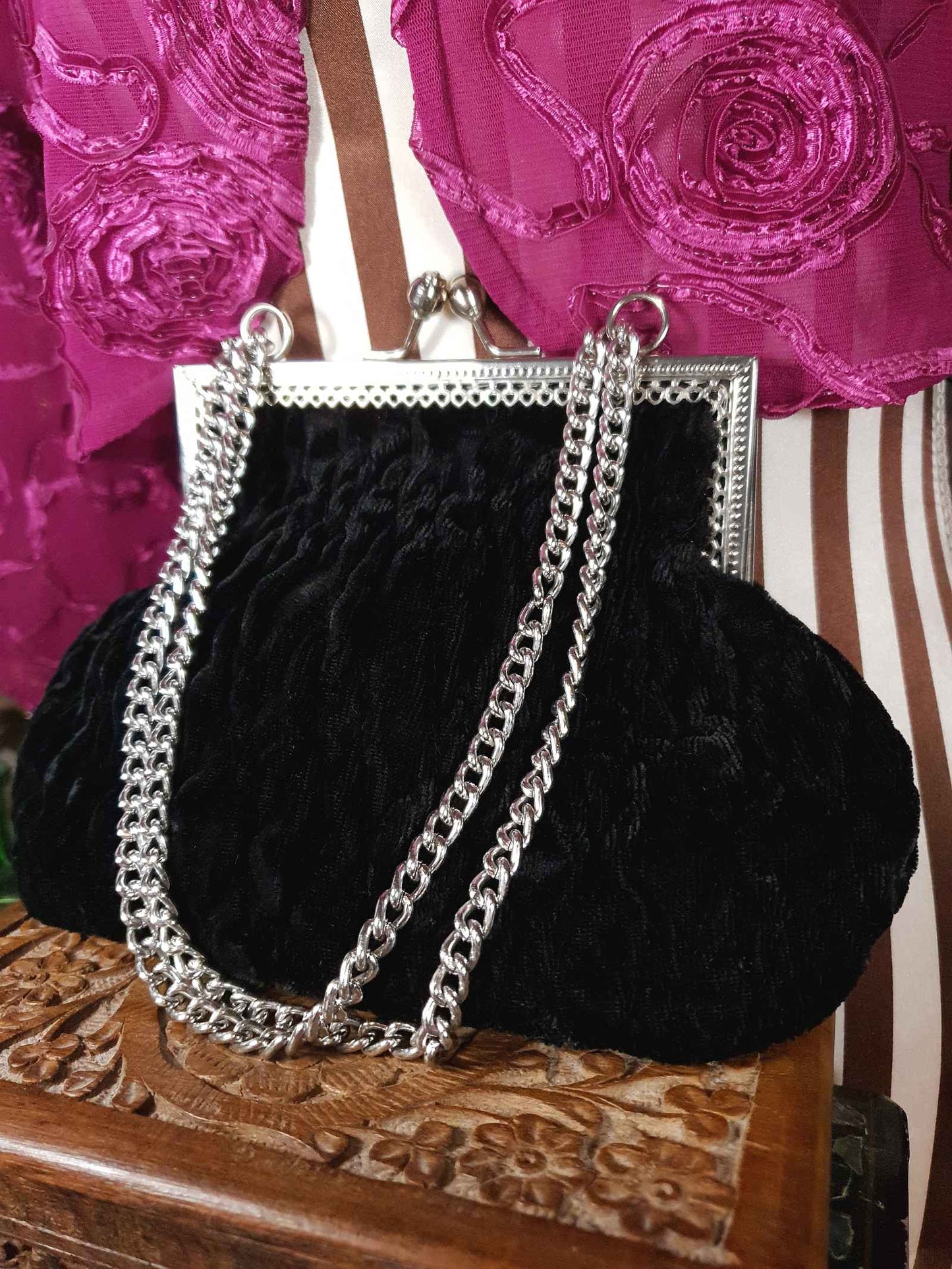 Vintage 1970s Black Velvet Evening Bag Shoulder Handbag Italian