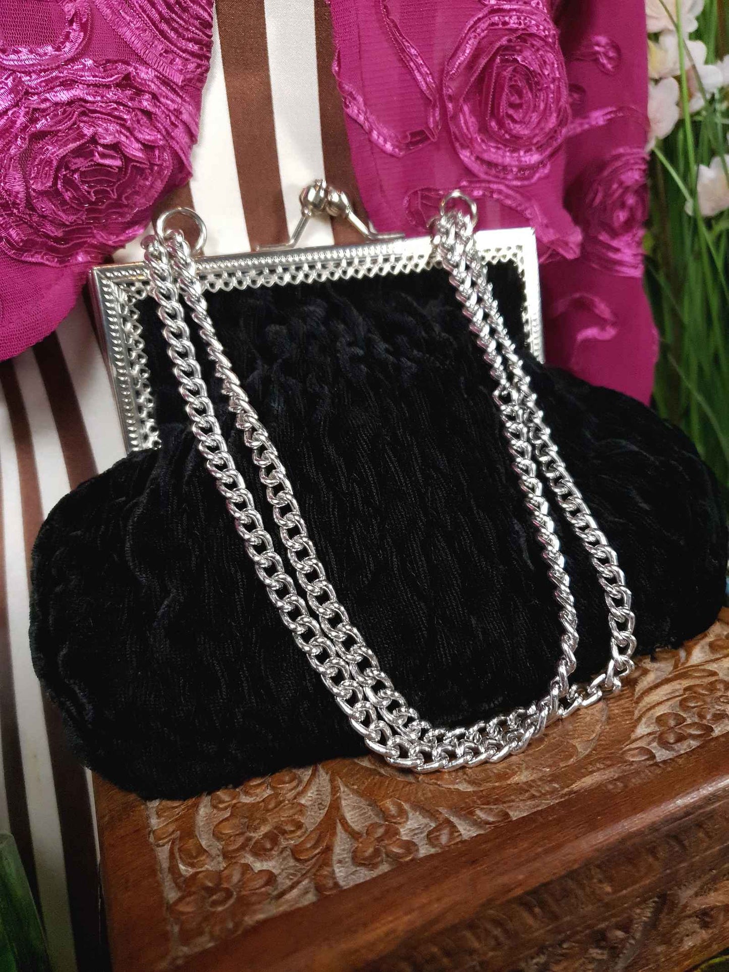 Vintage 1970s Black Velvet Evening Bag Shoulder Handbag Italian