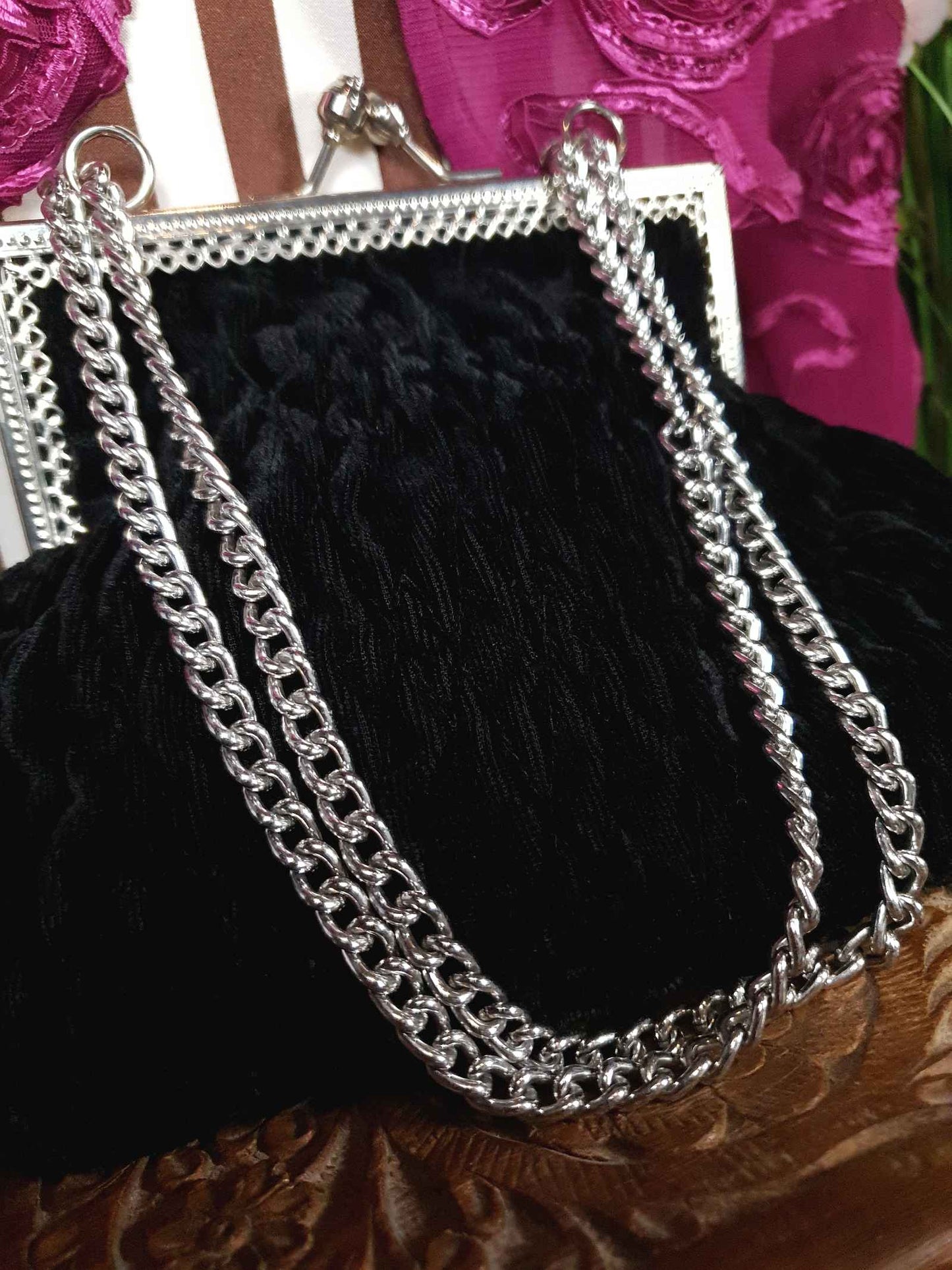 Vintage 1970s Black Velvet Evening Bag Shoulder Handbag Italian