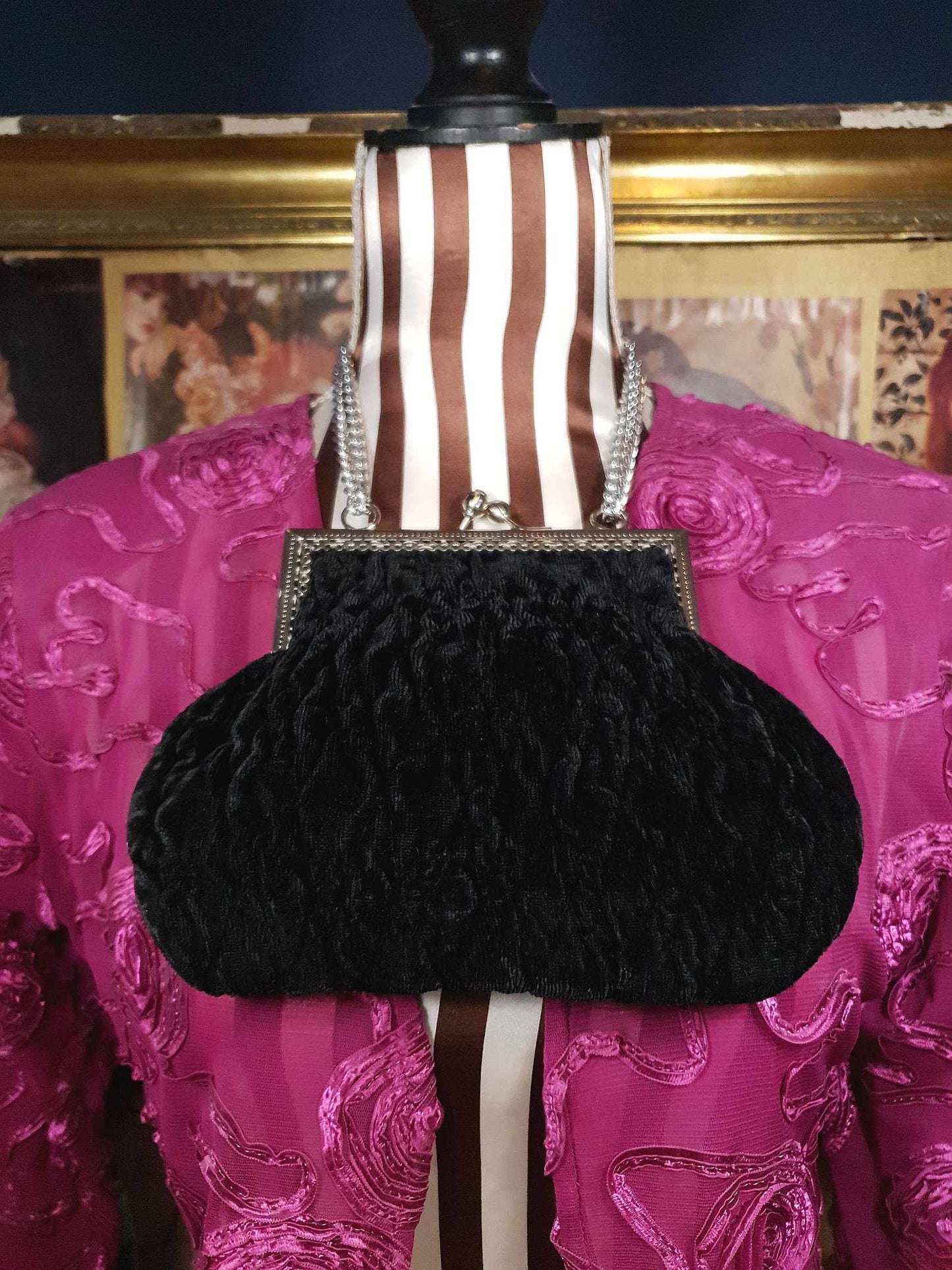 Vintage 1970s Black Velvet Evening Bag Shoulder Handbag Italian