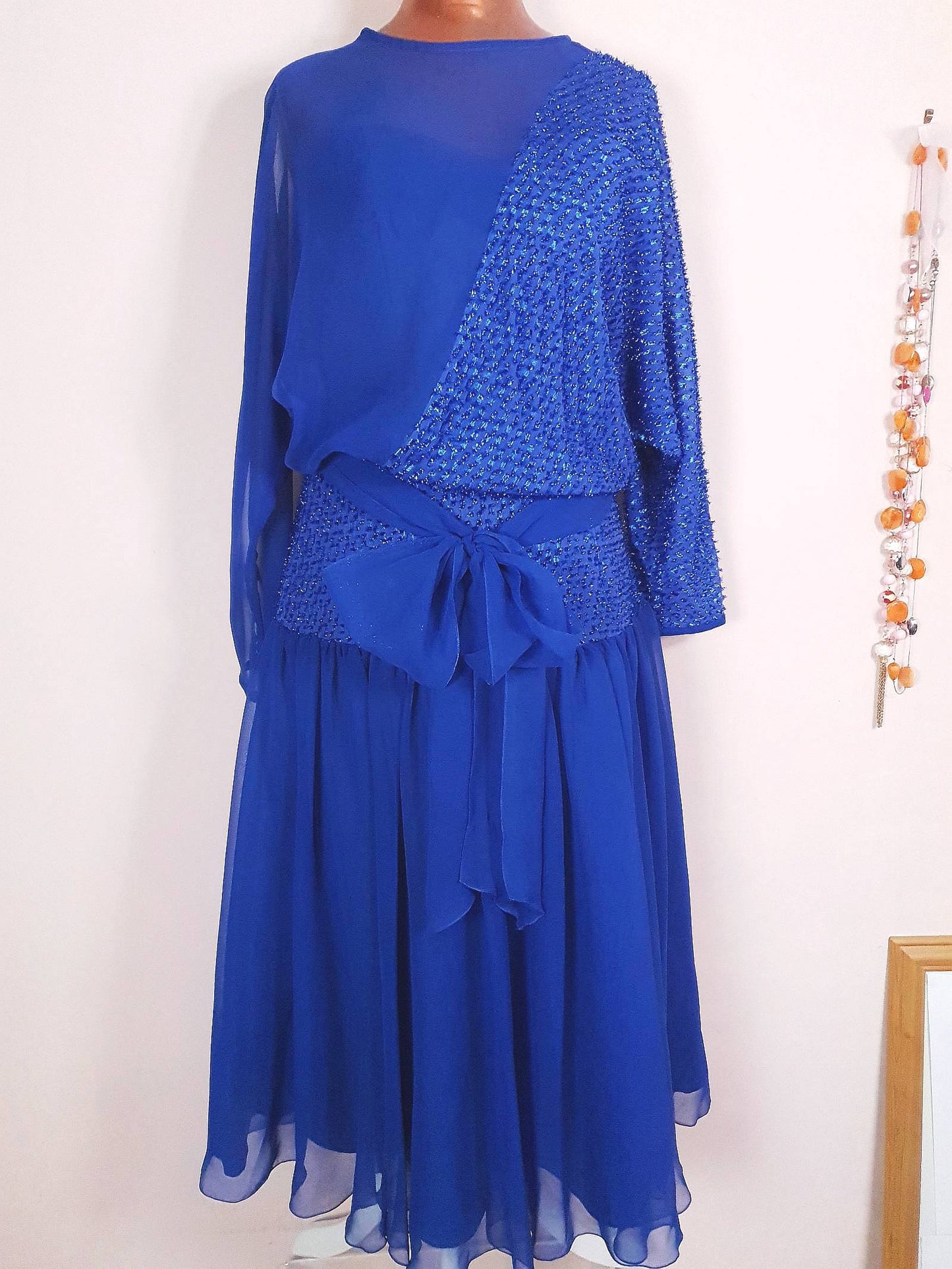 Vintage 1970s Blue Glitter Chiffon Dress Size 8 Party