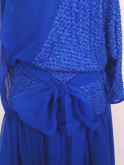 Vintage 1970s Blue Glitter Chiffon Dress Size 8 Party