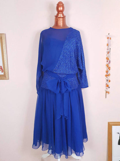 Vintage 1970s Blue Glitter Chiffon Dress Size 8 Party