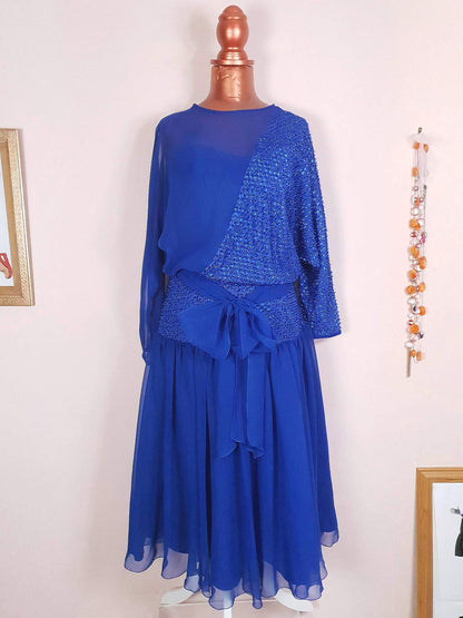 Vintage 1970s Blue Chiffon Dress Size 8 Glitter Party