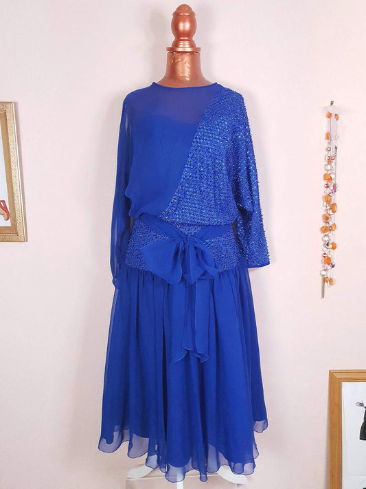 Vintage 1970s Blue Glitter Chiffon Dress Size 8 Party