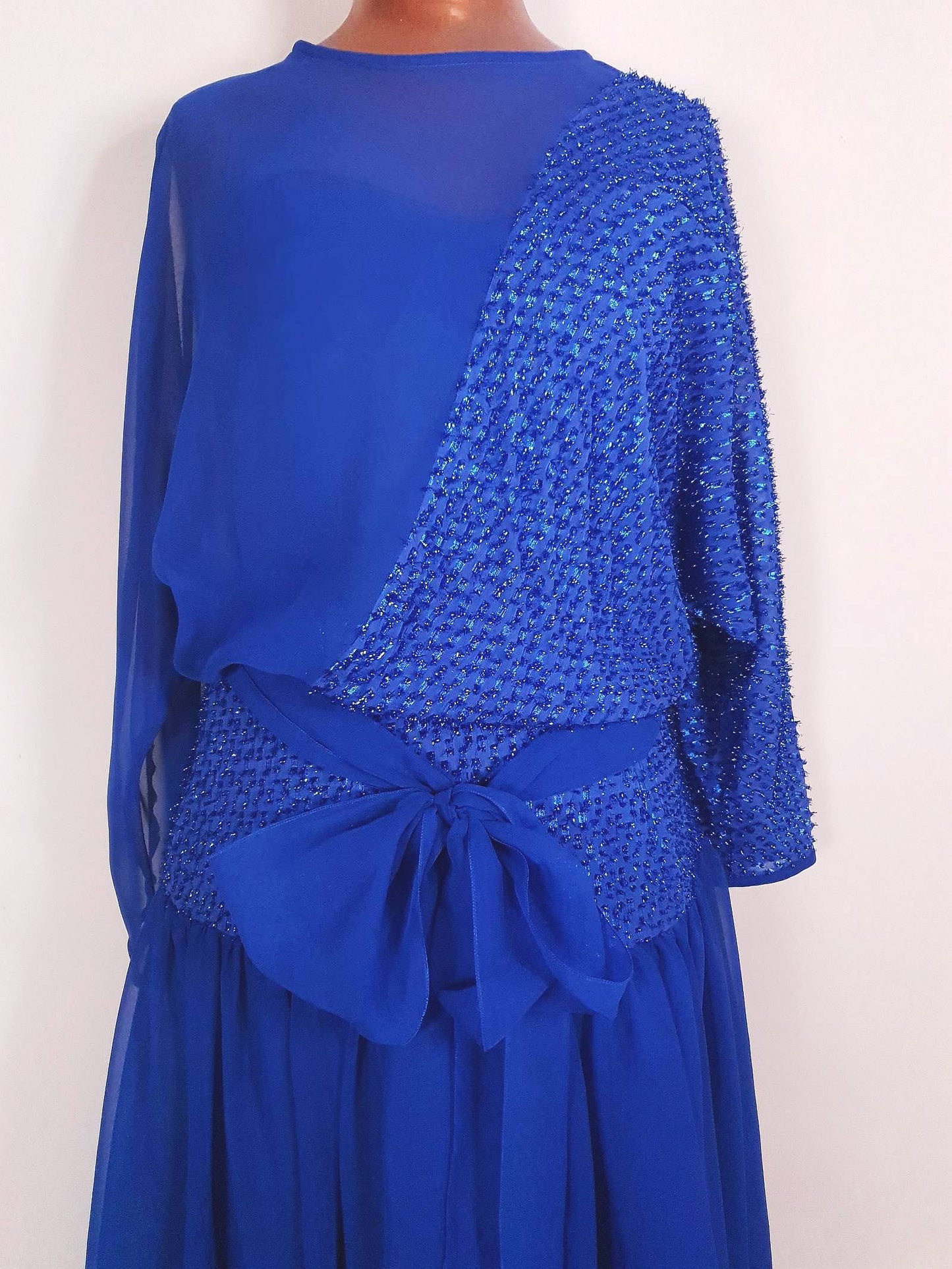 Vintage 1970s Blue Glitter Chiffon Dress Size 8 Party