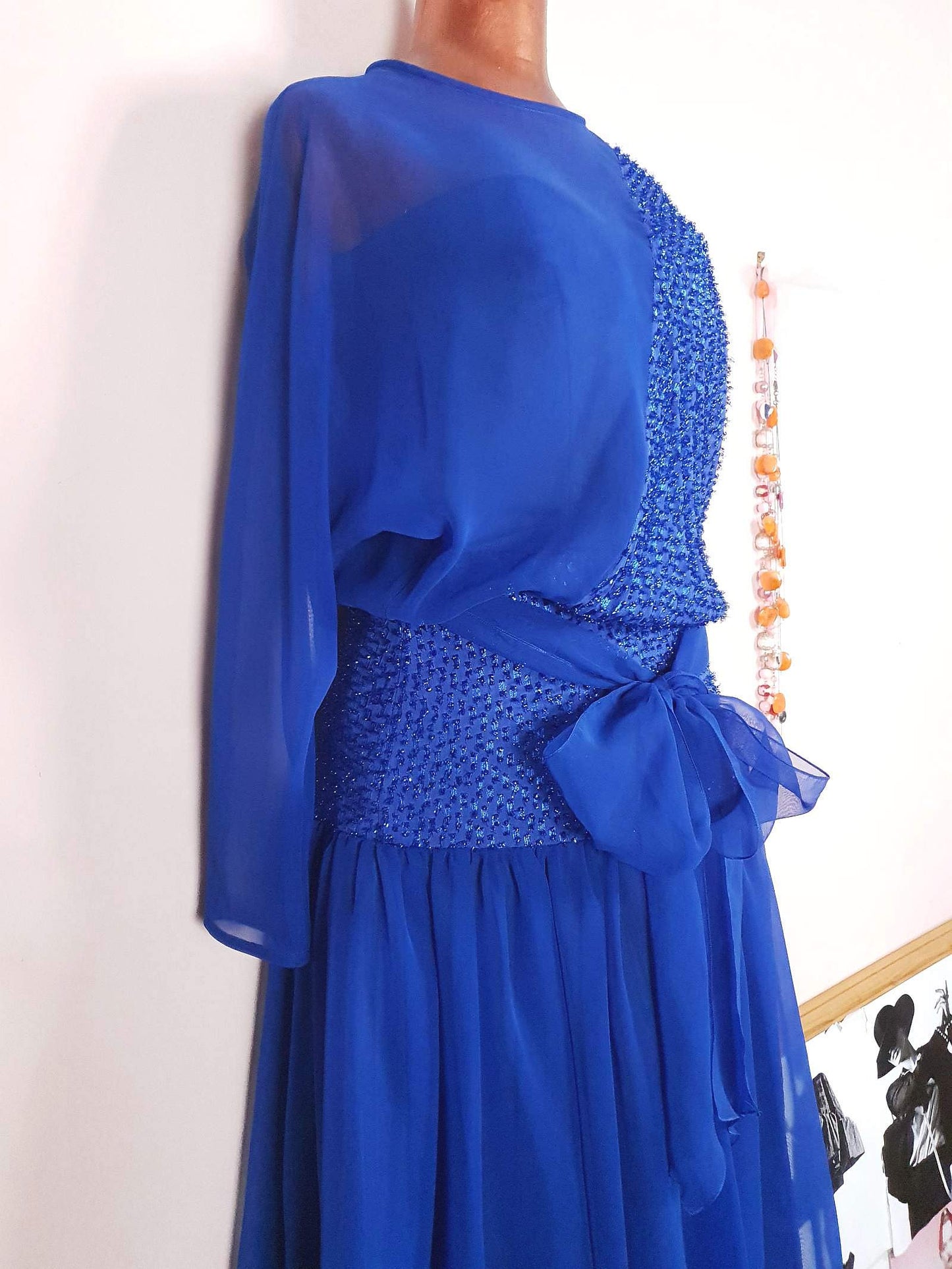 Vintage 1970s Blue Chiffon Dress Size 8 Glitter Party