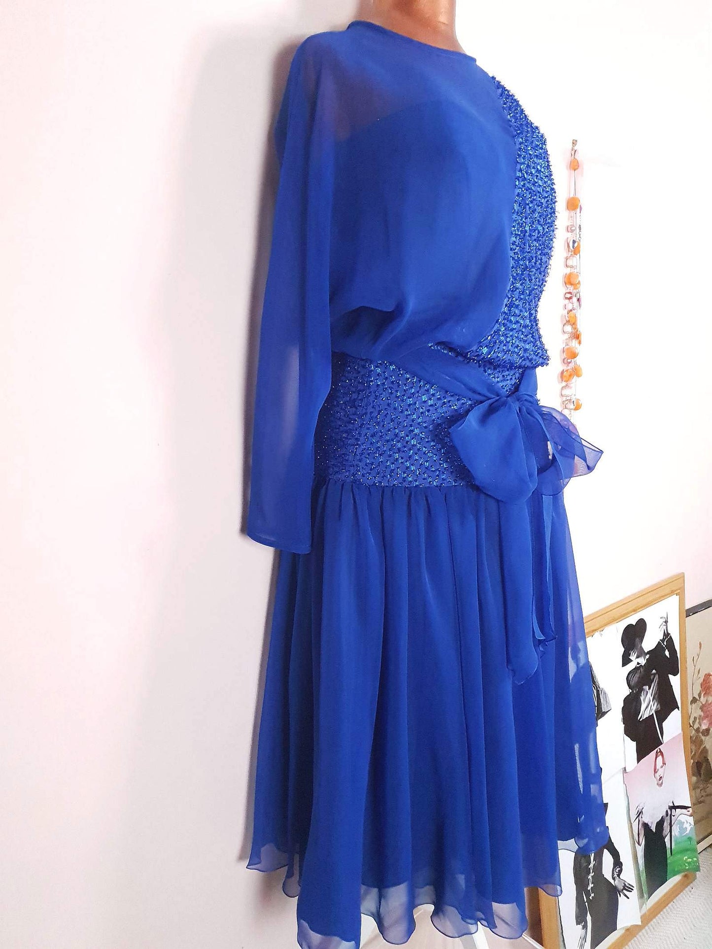 Vintage 1970s Blue Glitter Chiffon Dress Size 8 Party
