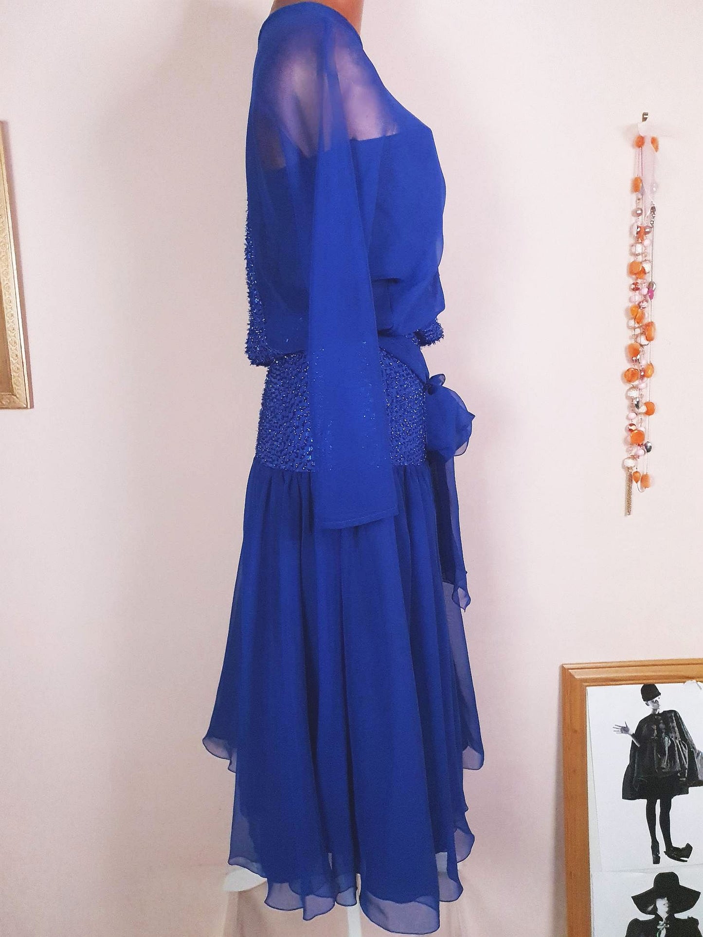 Vintage 1970s Blue Glitter Chiffon Dress Size 8 Party