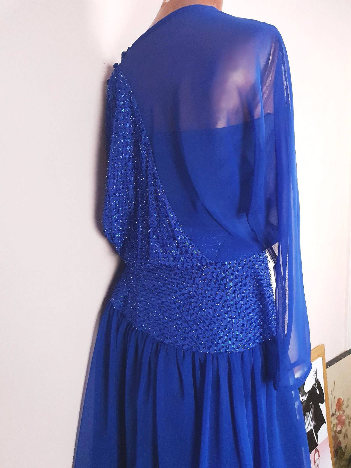 Vintage 1970s Blue Glitter Chiffon Dress Size 8 Party