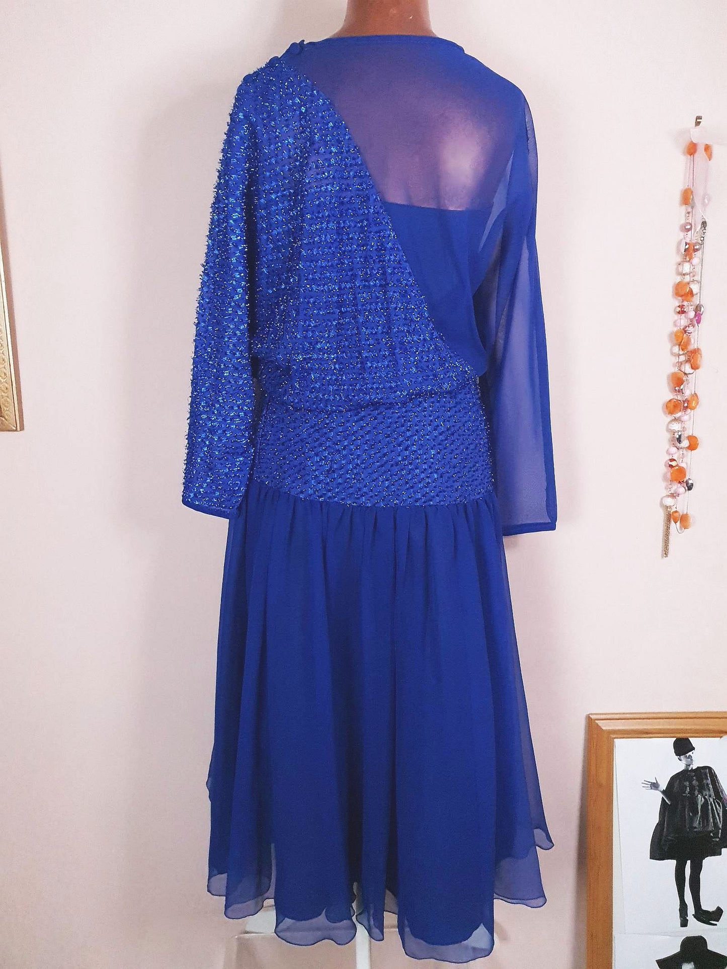 Vintage 1970s Blue Glitter Chiffon Dress Size 8 Party
