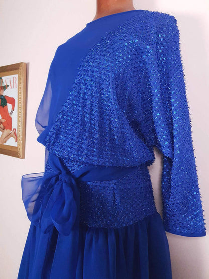Vintage 1970s Blue Glitter Chiffon Dress Size 8 Party
