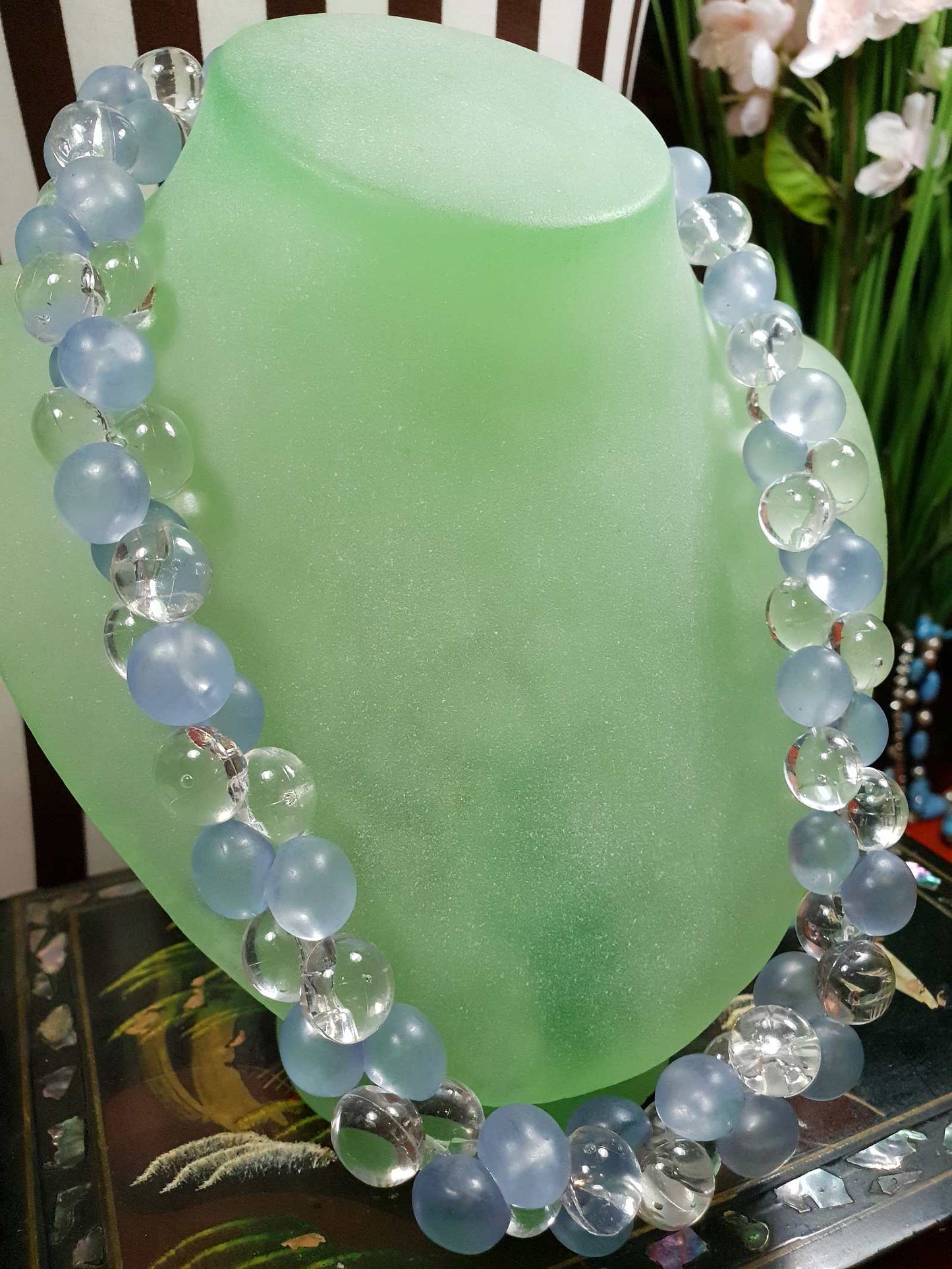 Vintage 1970s Blue Bauble Bead Necklace 20" Retro