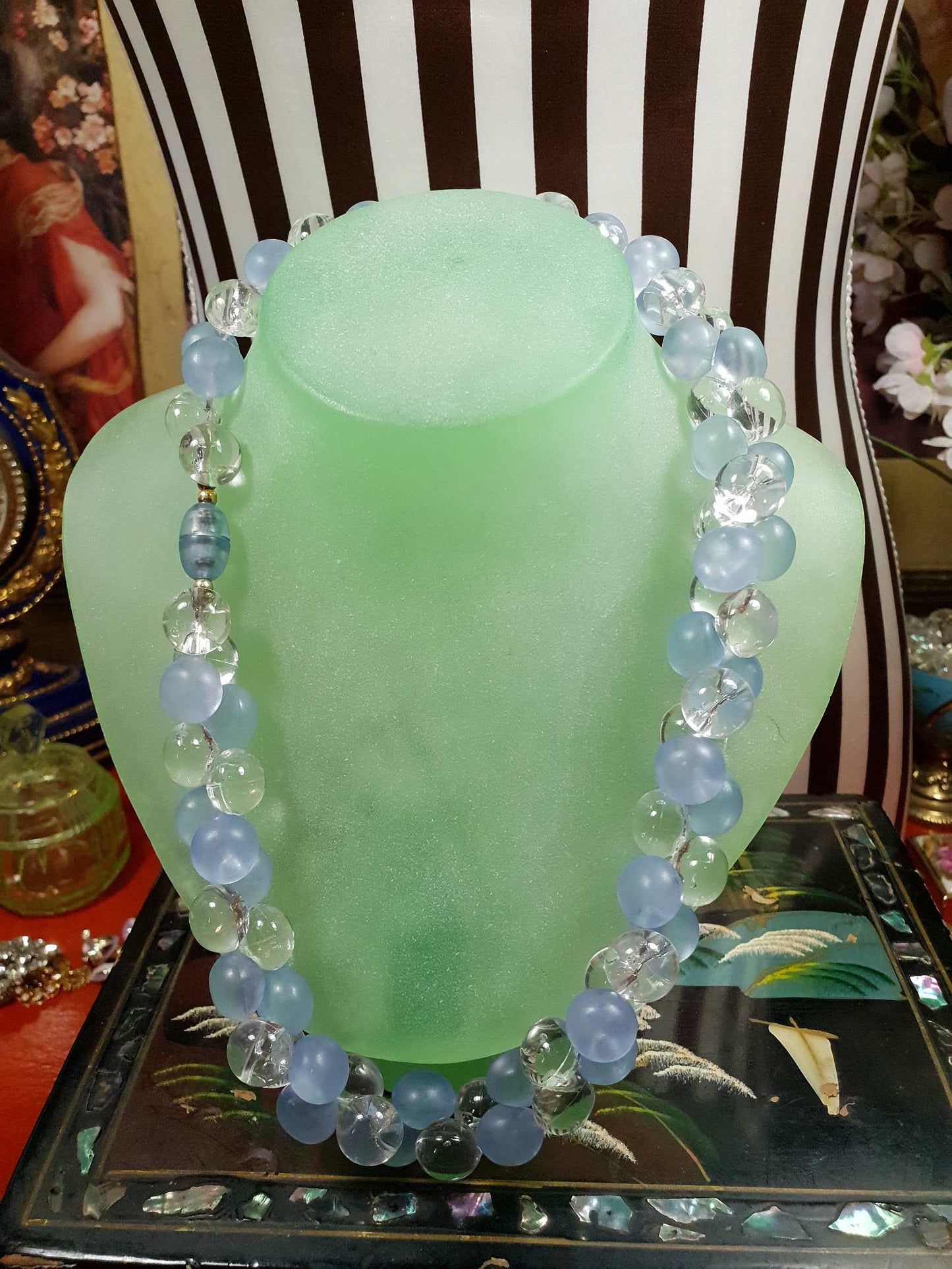 Vintage 1970s Blue Bauble Bead Necklace 20" Retro