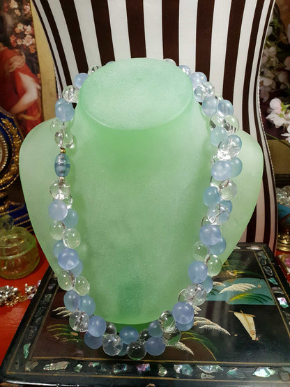 Vintage 1970s Blue Bauble Bead Necklace 20" Retro