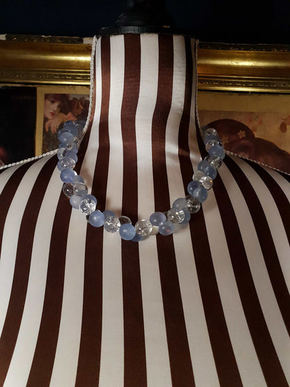 Vintage 1970s Blue Bauble Bead Necklace 20" Retro