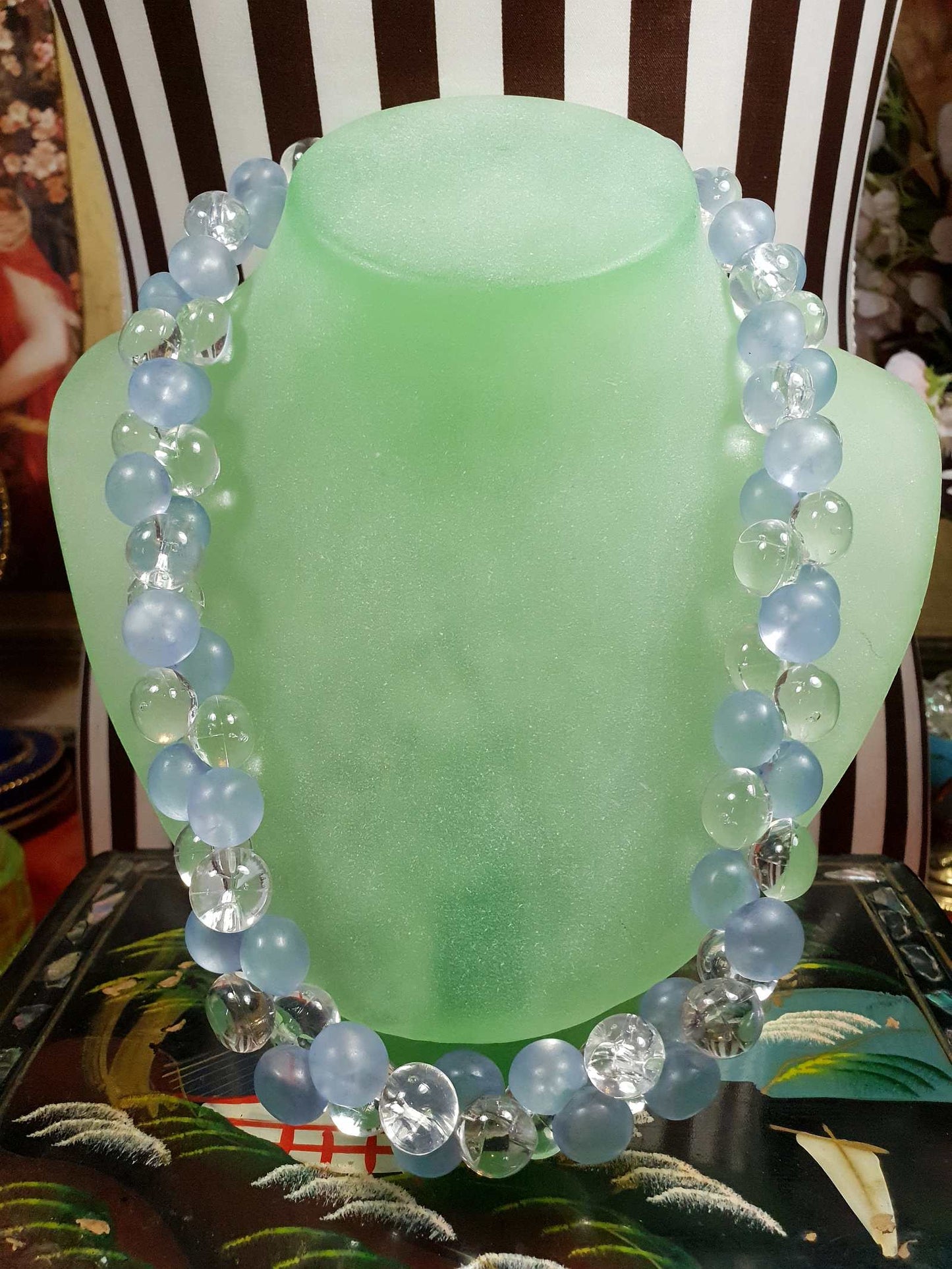 Vintage 1970s Blue Bauble Bead Necklace 20" Retro
