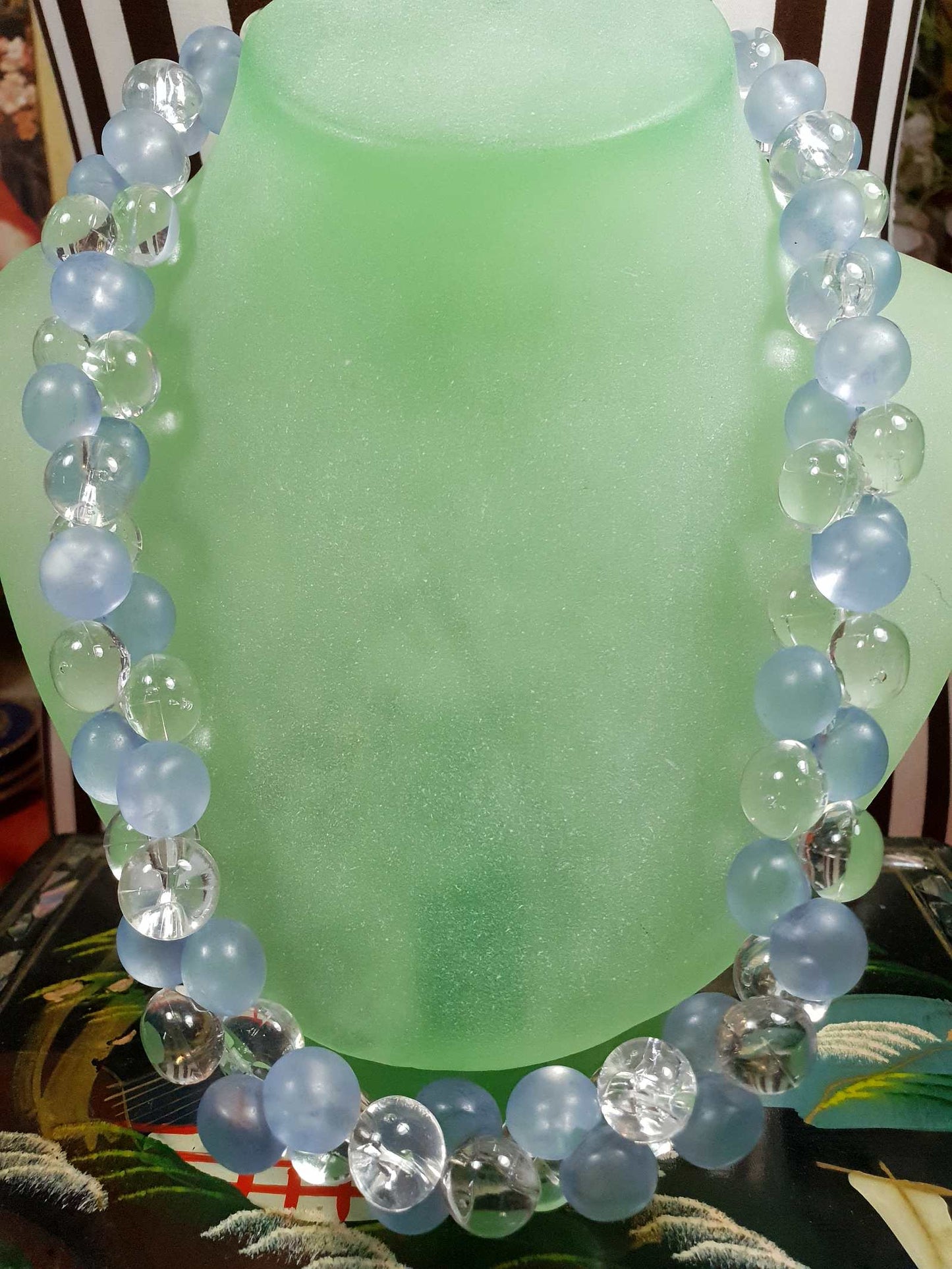 Vintage 1970s Blue Bauble Bead Necklace 20" Retro