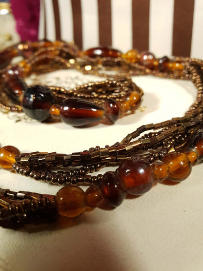 Vintage 1970s Boho Necklace 40" Brown Glass Bead Retro Bohemian