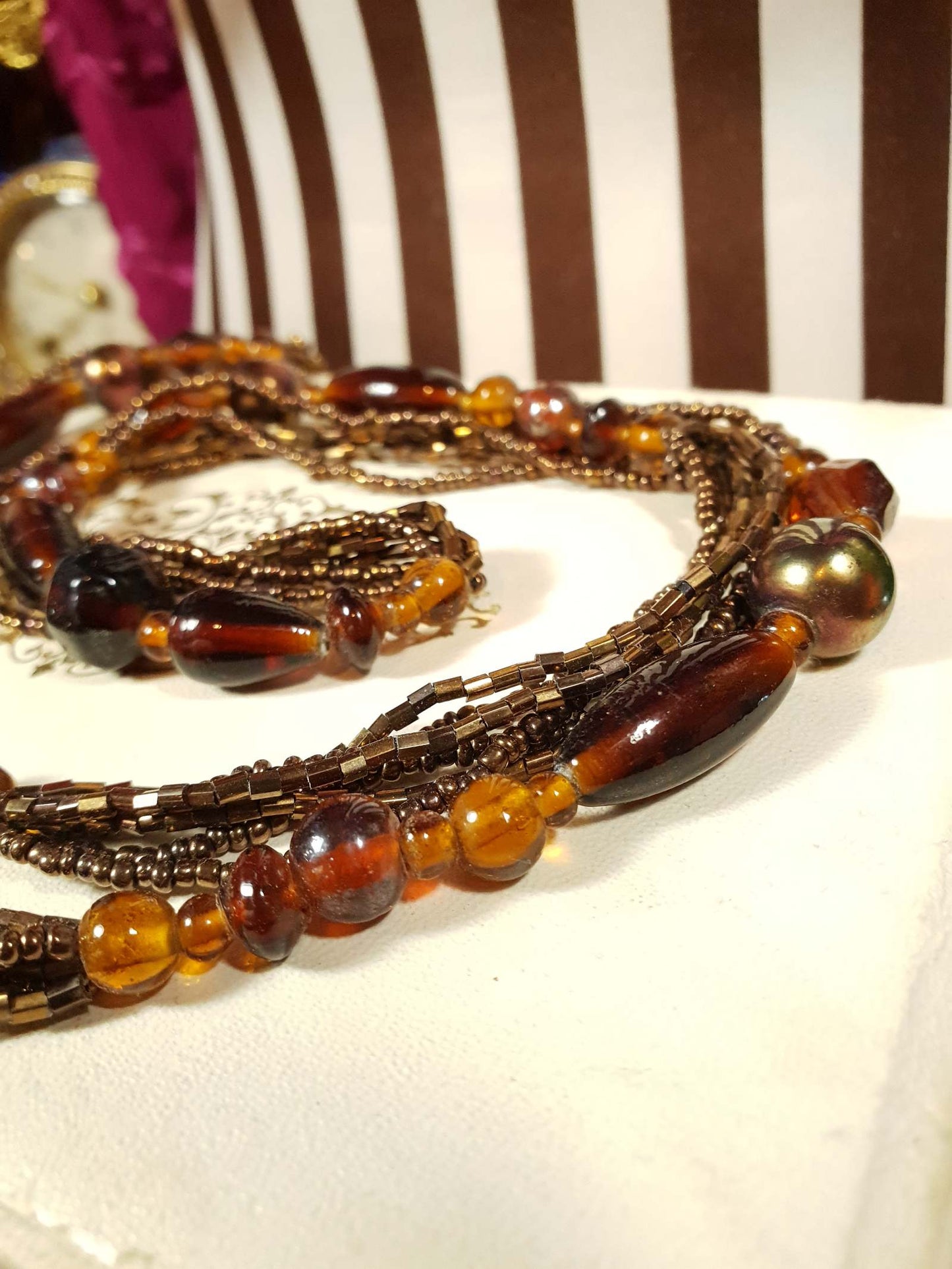 Vintage 1970s Boho Necklace 40" Brown Glass Bead Retro Bohemian