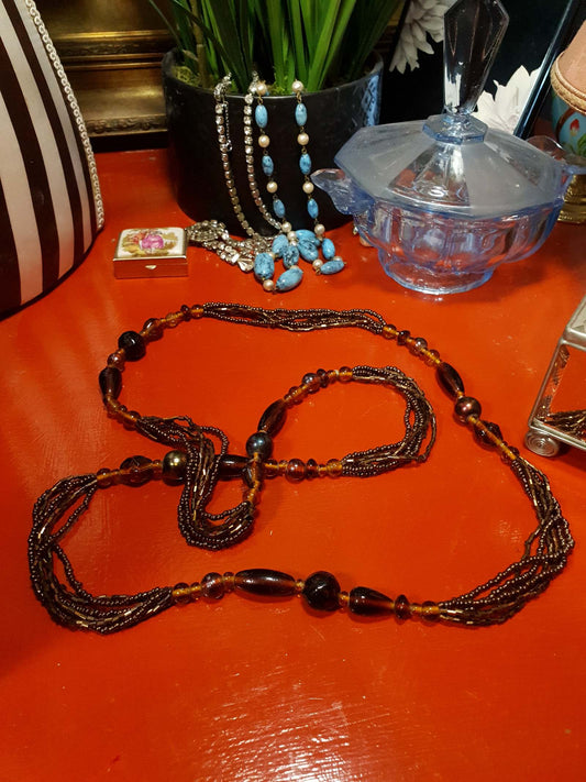 Vintage 1970s Boho Necklace 40" Brown Glass Bead Retro Bohemian