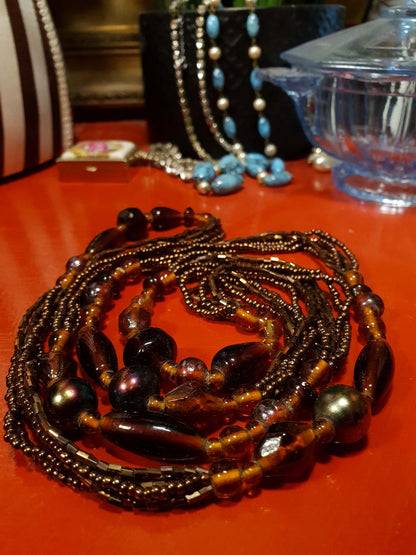 Vintage 1970s Boho Necklace 40" Brown Glass Bead Retro Bohemian