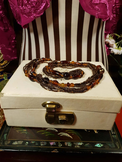 Vintage 1970s Boho Necklace 40" Brown Glass Bead Retro Bohemian