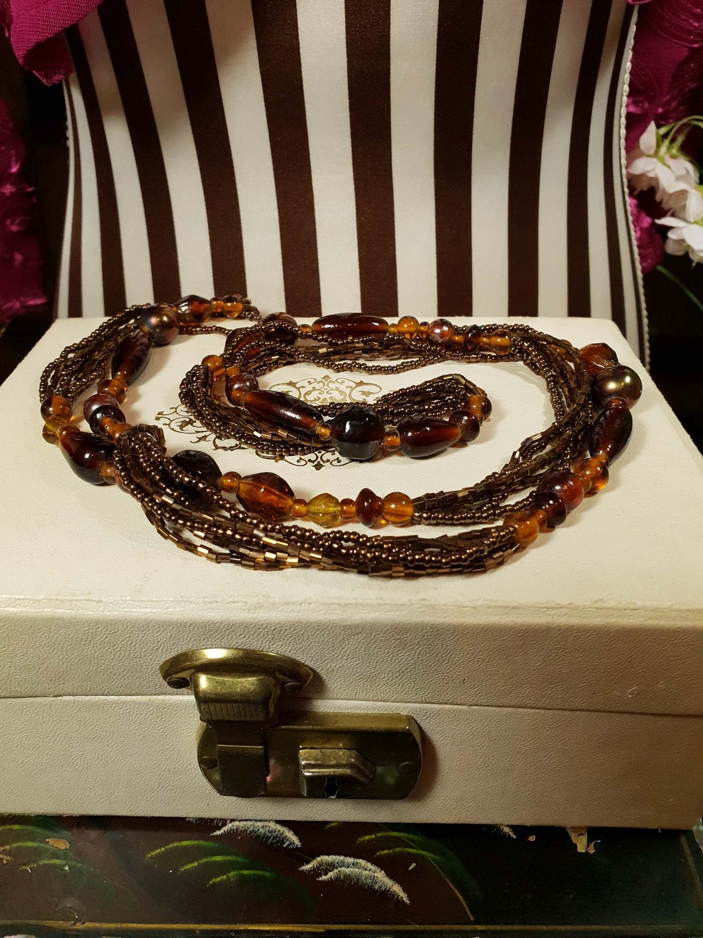 Vintage 1970s Boho Necklace 40" Brown Glass Bead Retro Bohemian