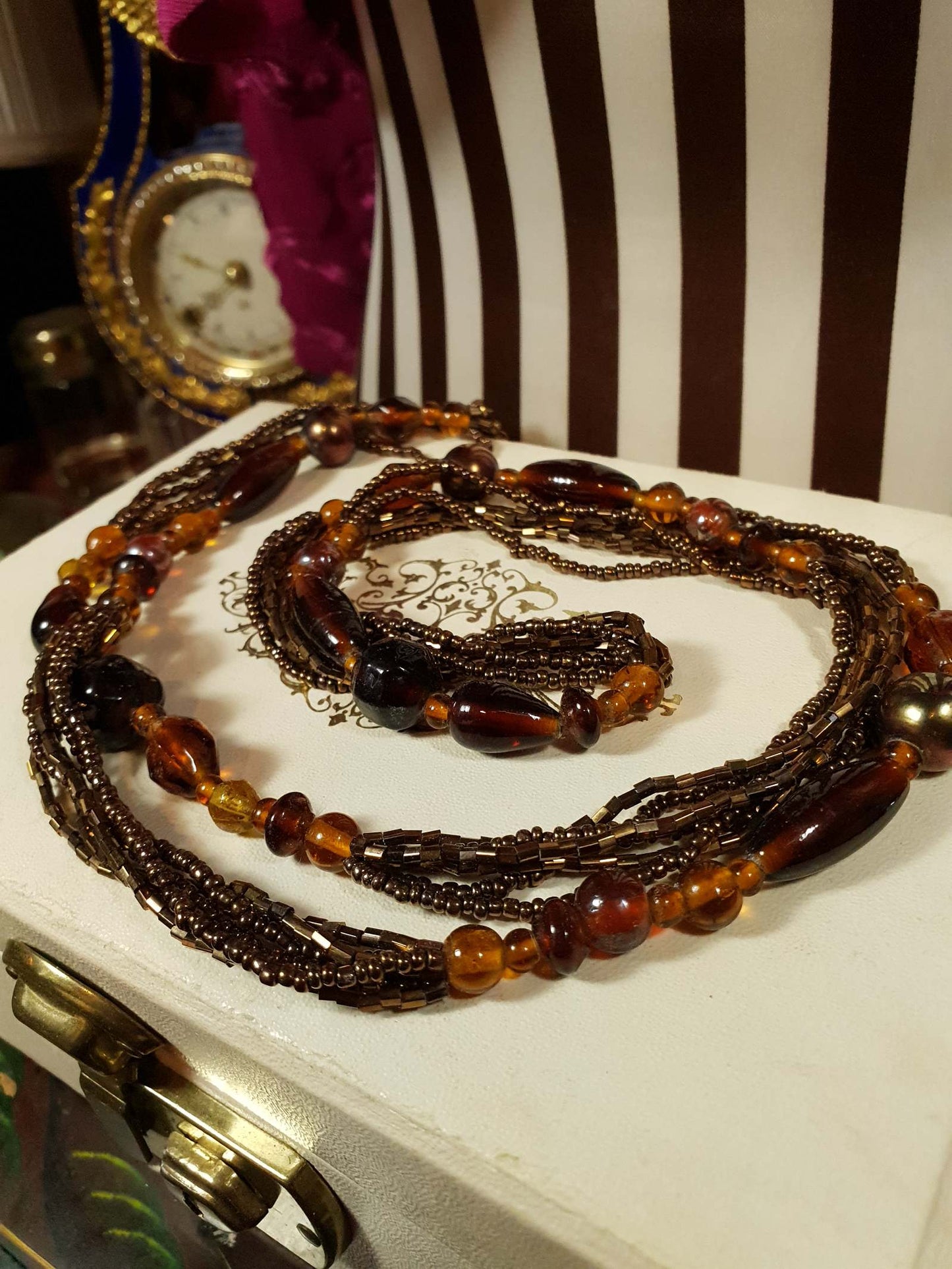 Vintage 1970s Boho Necklace 40" Brown Glass Bead Retro Bohemian