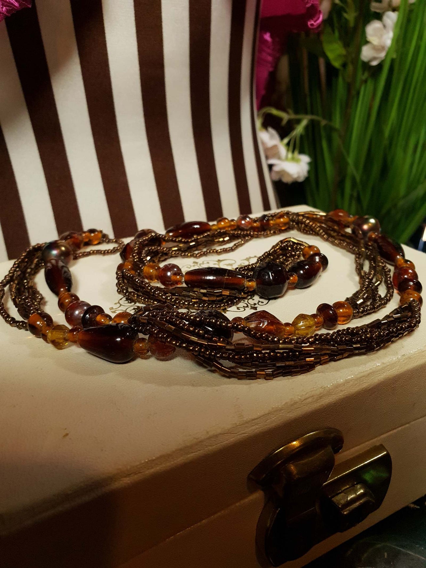 Vintage 1970s Boho Necklace 40" Brown Glass Bead Retro Bohemian