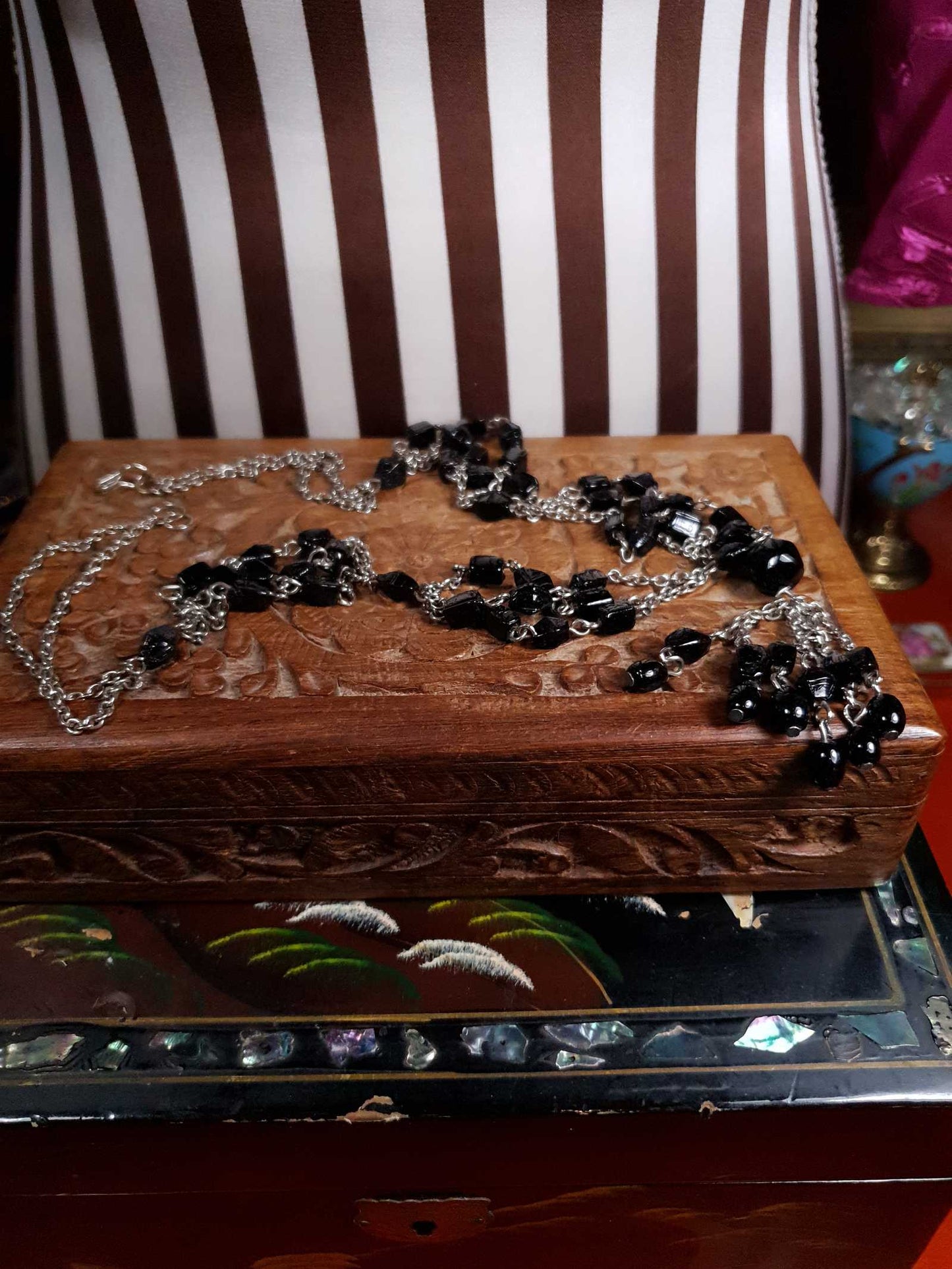 Vintage 1970s Boho Necklace 24" Black Bead Bohemian Silver Tone