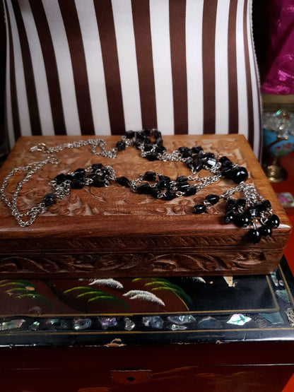 Vintage 1970s Boho Necklace 24" Black Bead Bohemian Silver Tone