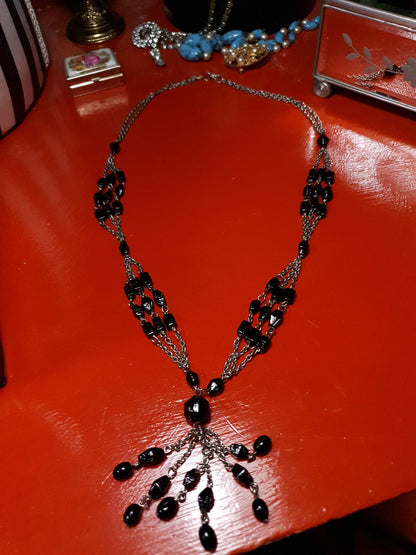 Vintage 1970s Boho Necklace 24" Black Bead Bohemian Silver Tone