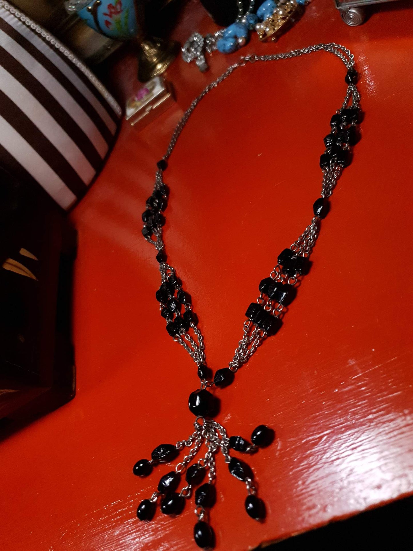 Vintage 1970s Boho Necklace 24" Black Bead Bohemian Silver Tone