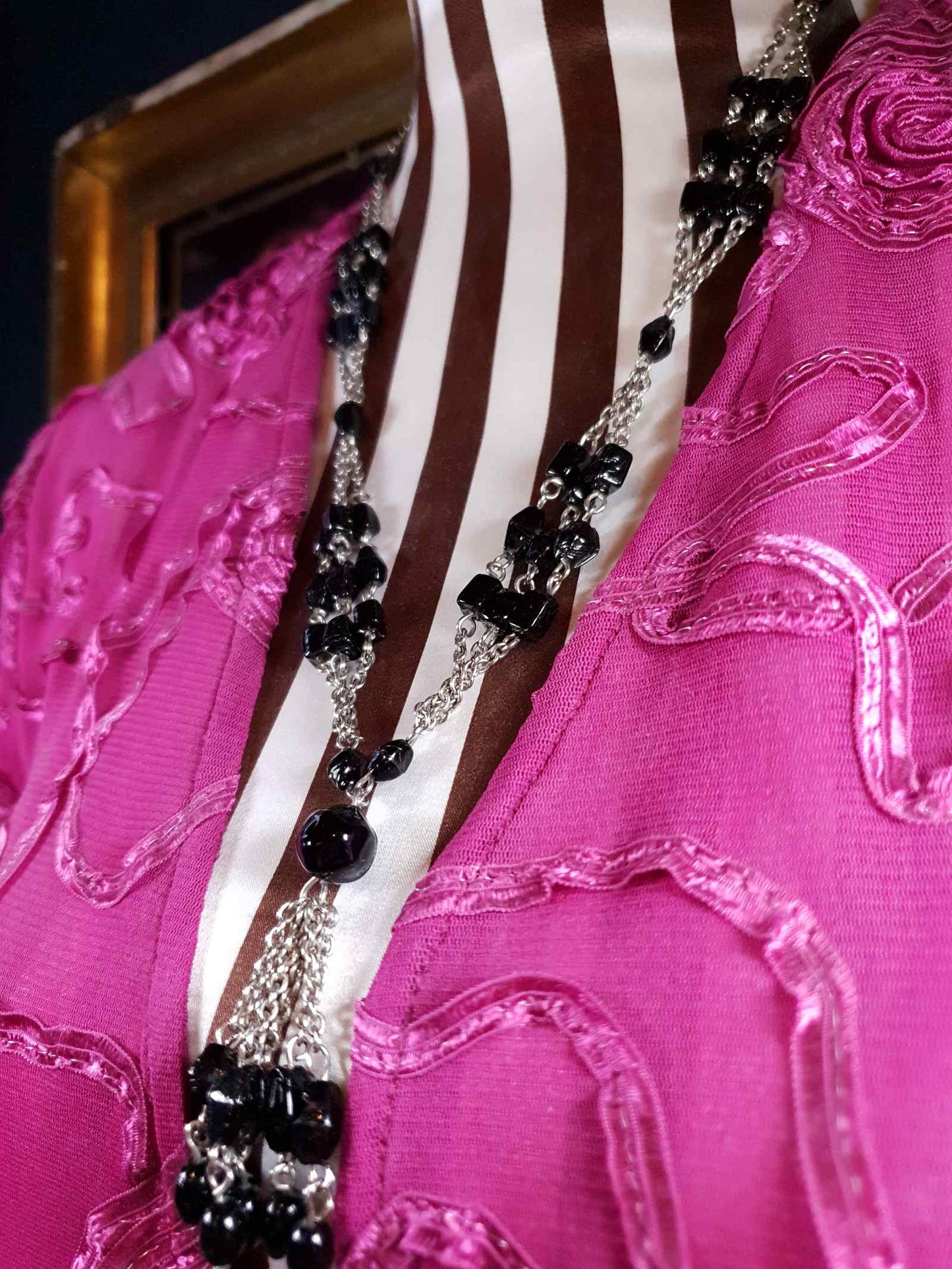 Vintage 1970s Boho Necklace 24" Black Bead Bohemian Silver Tone