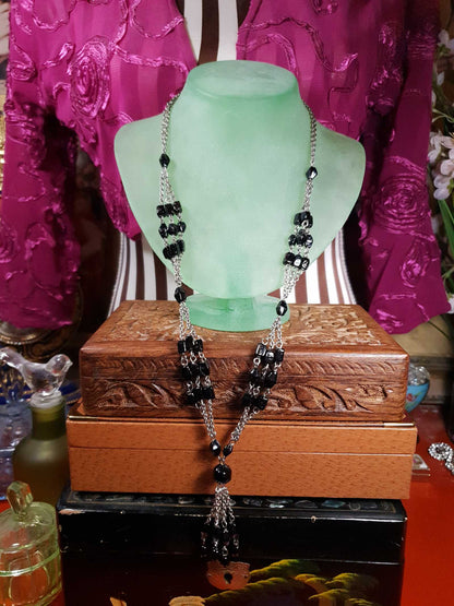Vintage 1970s Boho Necklace 24" Black Bead Bohemian Silver Tone