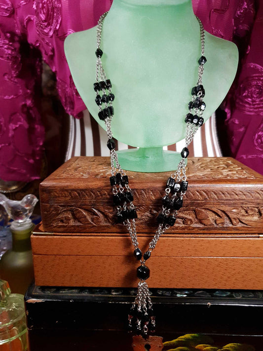 Vintage 1970s Boho Necklace 24" Black Bead Bohemian Silver Tone