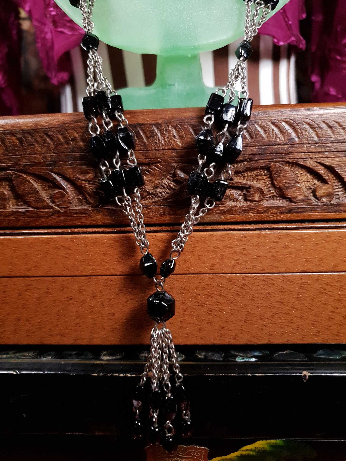 Vintage 1970s Boho Necklace 24" Black Bead Bohemian Silver Tone