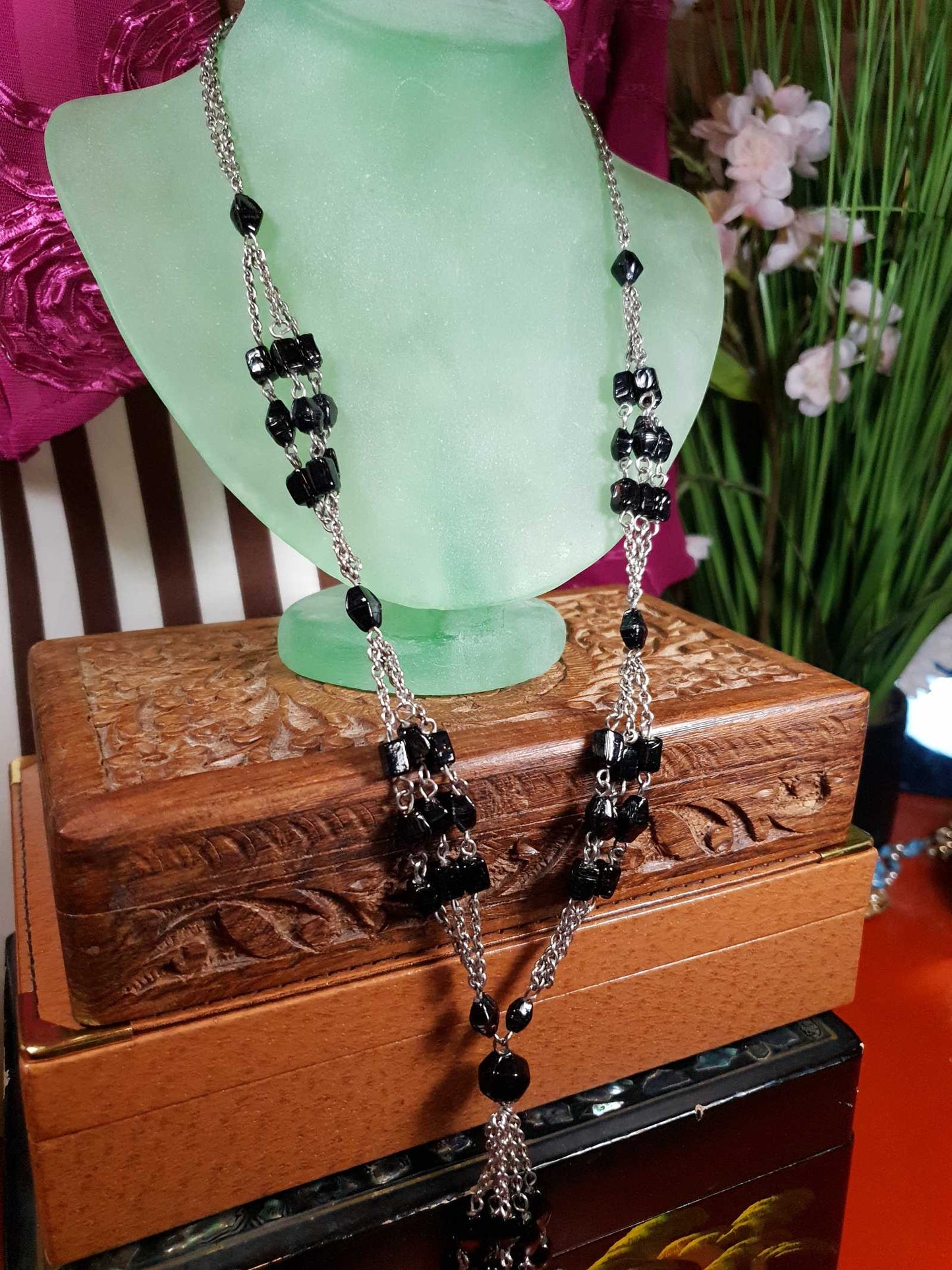 Vintage 1970s Boho Necklace 24" Black Bead Bohemian Silver Tone