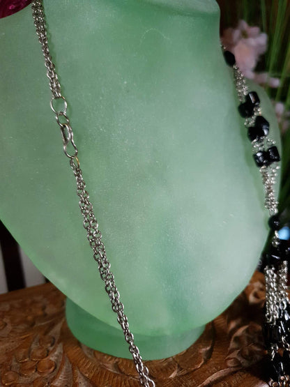 Vintage 1970s Boho Necklace 24" Black Bead Bohemian Silver Tone