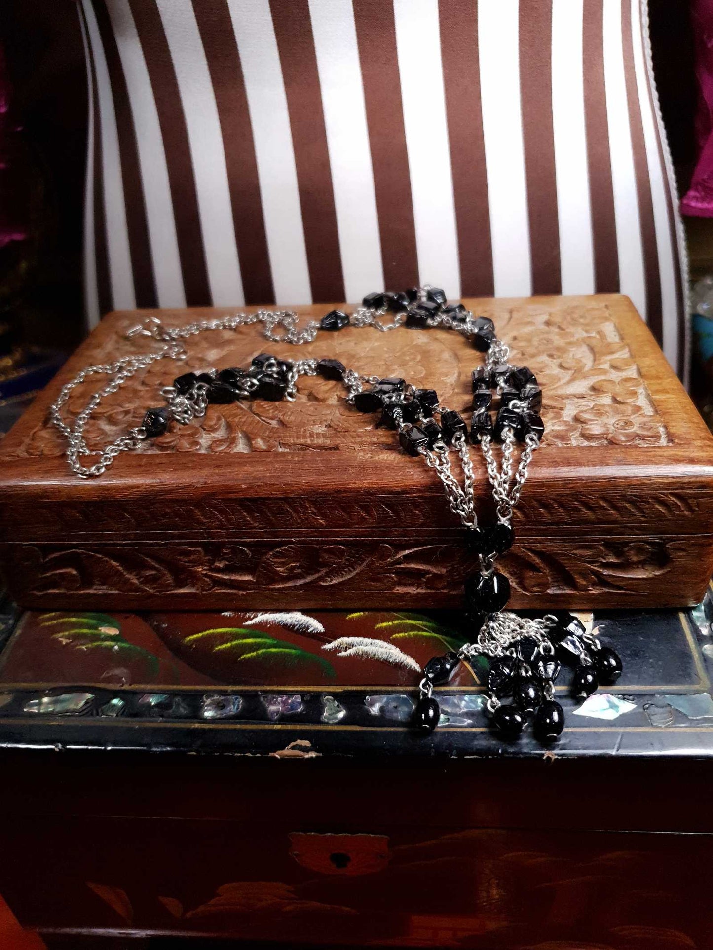Vintage 1970s Boho Necklace 24" Black Bead Bohemian Silver Tone