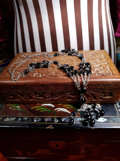 Vintage 1970s Boho Necklace 24" Black Bead Bohemian Silver Tone