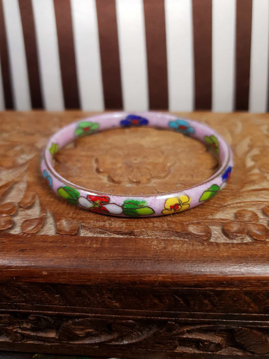 Vintage 1970s Cloisonne Flower Bracelet Bangle Lilac Floral Boho
