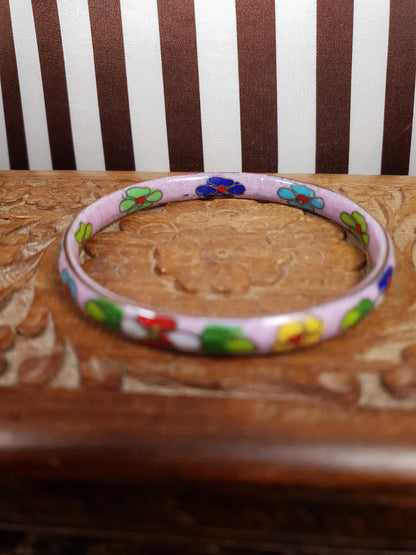 Vintage 1970s Cloisonne Flower Bracelet Bangle Lilac Floral Boho