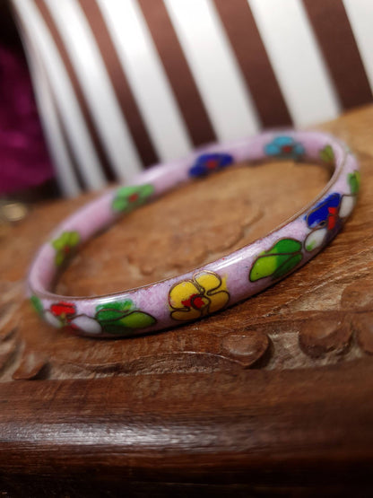 Vintage 1970s Cloisonne Flower Bracelet Bangle Lilac Floral Boho
